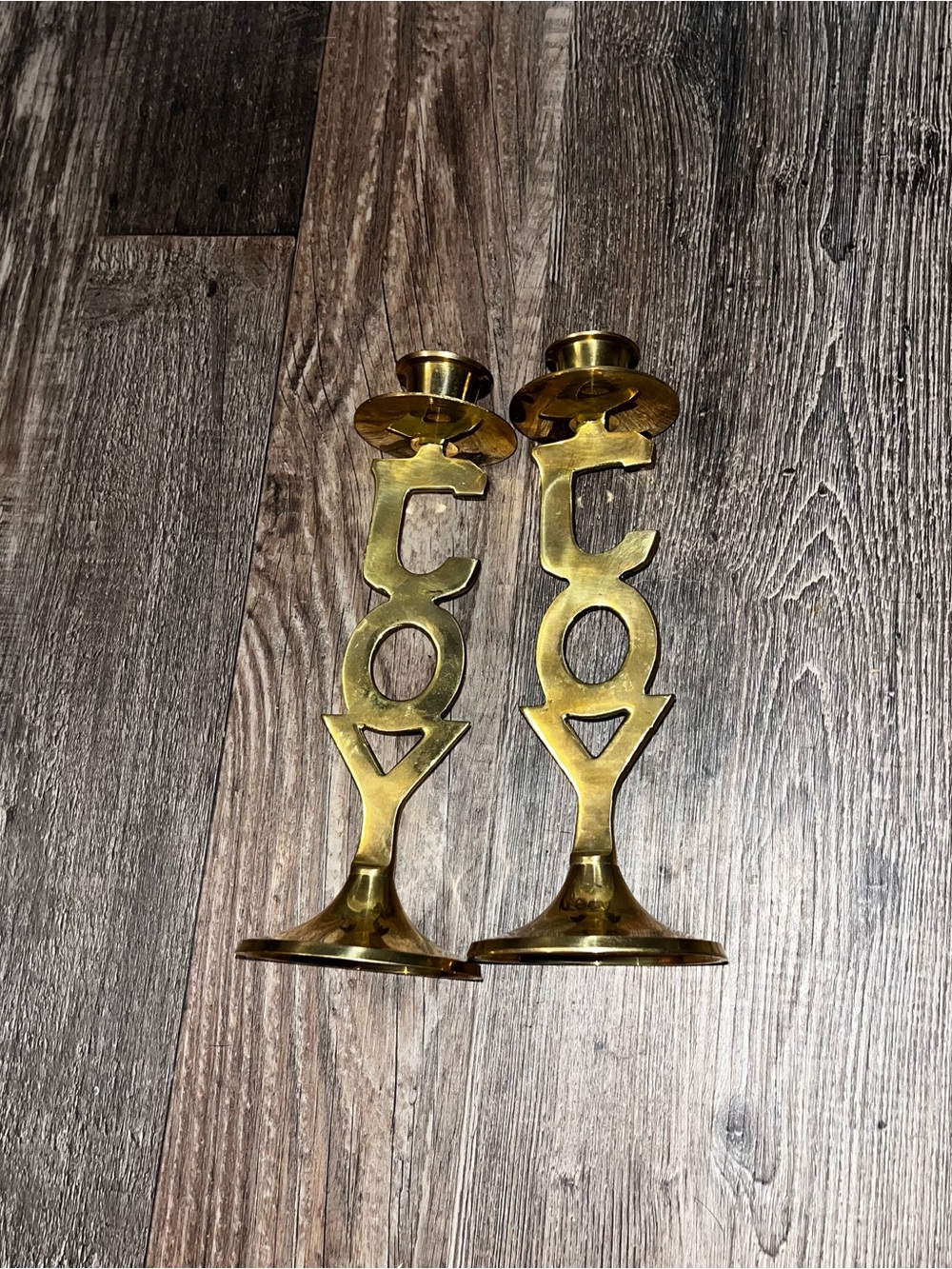 Brass 'JOY' Decorative Candlestick Pair - Gold Finish